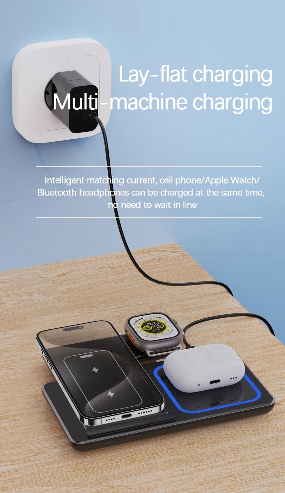 30W 3 in 1 LED Fast Wireless Charger Stand Foldable Charging Station For iPhone 15 14 13 12 11 Apple Watch 9 8 7 6 5 Airpods Pro