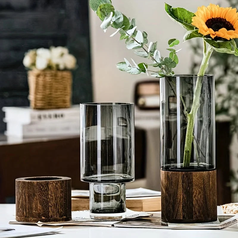 Elegant Glass Vase with Wooden Base for Hydroponic Plants,  Modern Tabletop Floral Arrangement Home Decoration