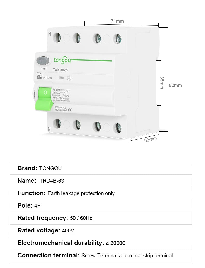 RCD RCCB Type B Earth Leakage Residual Current Circuit Breaker Evse 2P 4P AC 40a 63a 30ma 100ma 300ma 10KA Din Rail 230V TONGOU