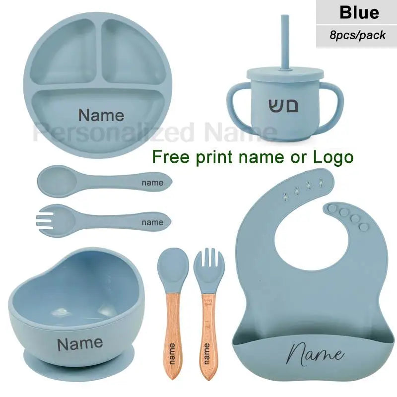 8Pcs Baby Silicone Feeding Set Round Dining Plate Sucker Bowl Dishes For Kids Personalized Name Children's Tableware Straw Cup