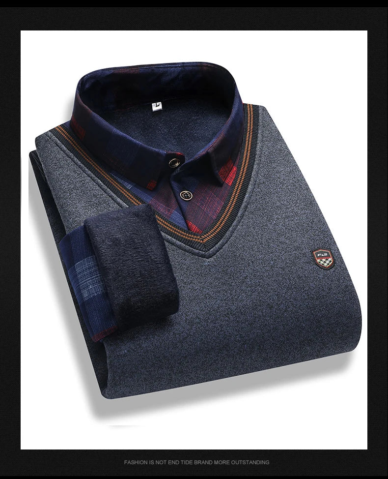 Vintage Plaid Sweater Pullover Men Thick Warm Knitwear Winter Autumn Clothing Patchwork Men's Fleeced Polo Collar Pullovers
