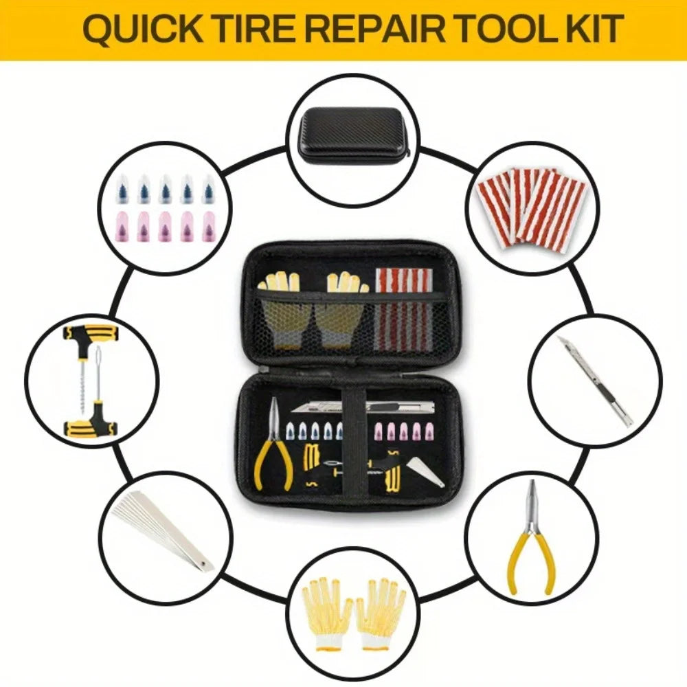 All-in-One Tire Repair Kit: Car Motorcycle Bike Truck Emergency Puncture Plug Tool with Rubber Strips - Roadside & Garage Use