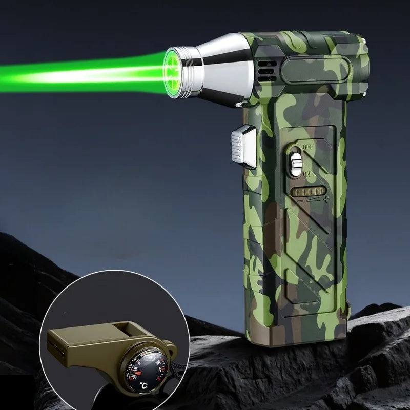 Outdoor Multifunctional Green Flame Butane Torch Lighter Three in One Whistle Lifesaving Whistle and Compass Welding Gun Lighter