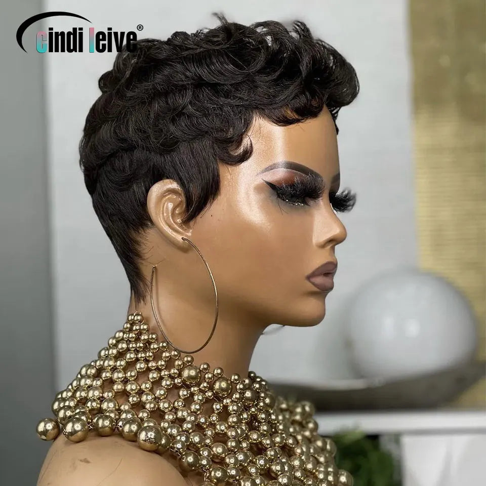 Short Curly Pixie Cut Human Hair Wigs For Black Women Natural Black Glueless Wig Peruvian Remy Bob Full Machine Made Wigs 150%