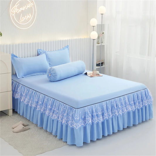 3pcs Bedskirt Set (Bedsheet * 1 Pillowcase * 2, Without Core), 100% Polyester Fiber Solid Color Double-layer Lace