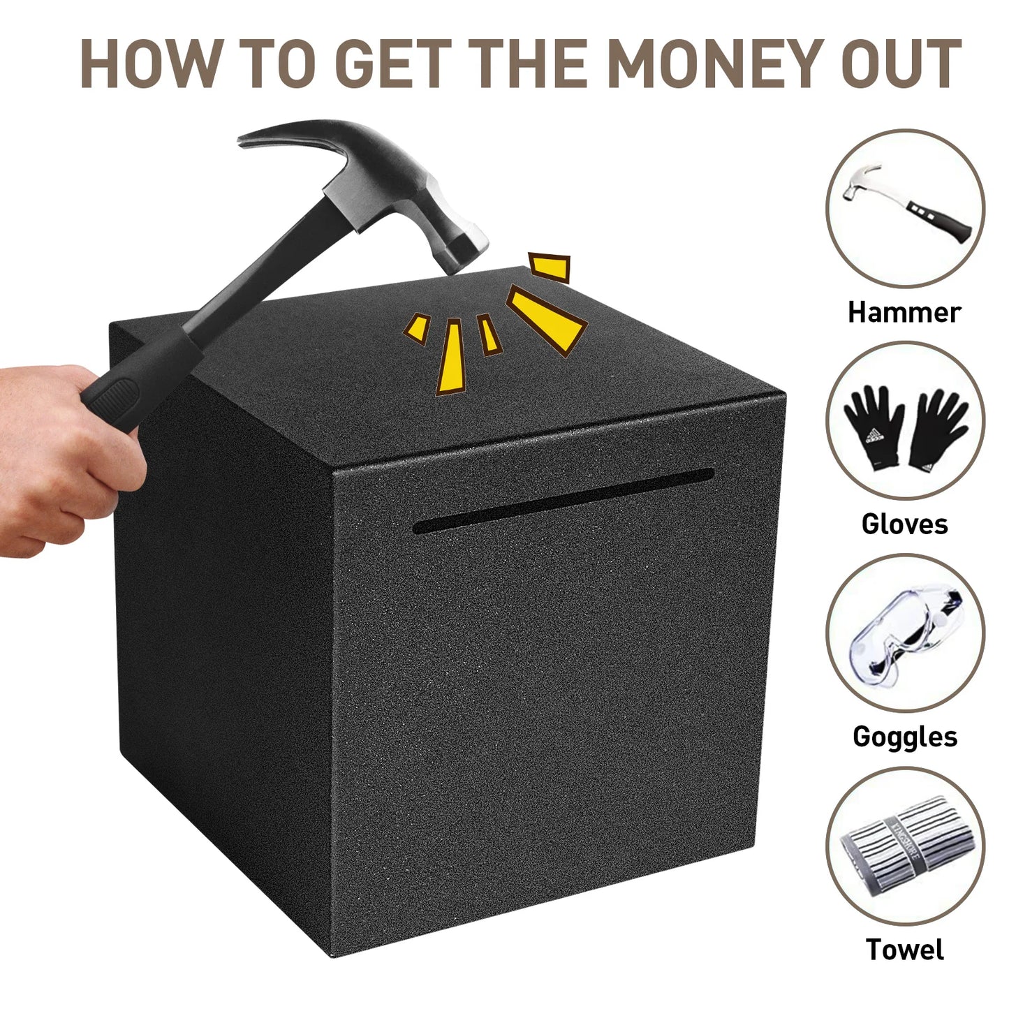 Black metal piggy bank, only in, no out, two sizes available for Christmas and Halloween gift