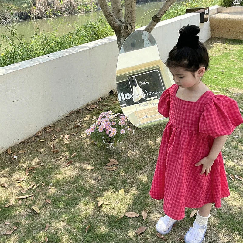 Girls Bubble Sleeve Dress Little Girl Summer Fashionable Bow Backless Dress Good-Looking Versatile Princess Skirt