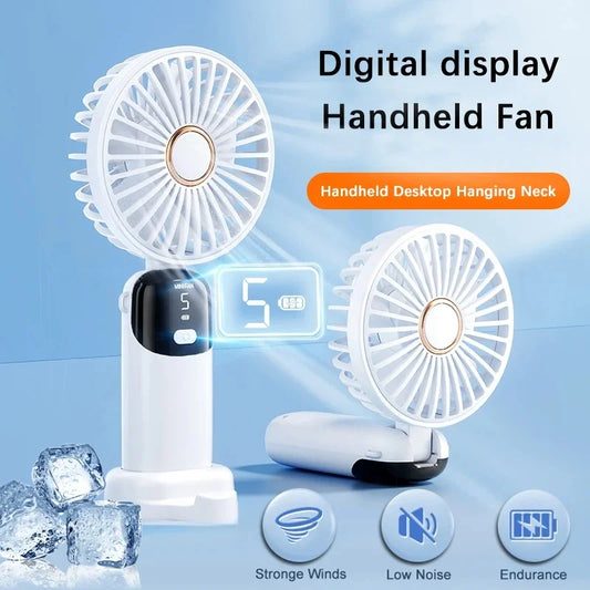 USB Handheld Mini Fan Foldable Portable Neck Hanging Fans 5 Speed USB Rechargeable Fan with Phone Stand and Display Screen