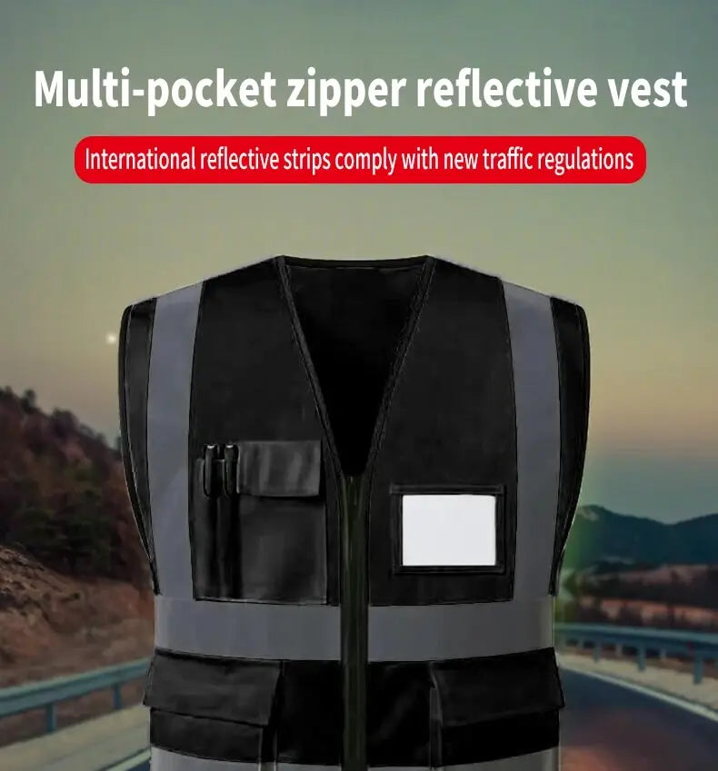 Reflective Vest Vest Reflective Vest Traffic Riding Vest Overalls Multi-pocket Zipper-Black