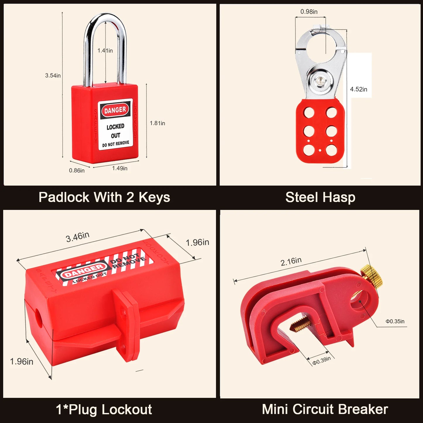 Red Electrical Lockout Tagout LOTO Kit with Pocket Bag Includes Safety Hasp Warning Tags Circuit Breaker Locks Nylon Ties