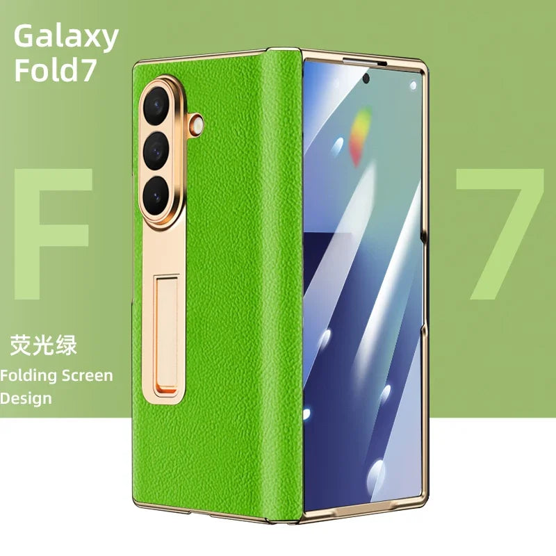 Luxury Leather Cover For Samsung Z Fold 7 6 5 Case Plating Stand Hinge Front Glass Screen