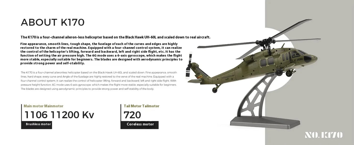 Wltoys K170 Black Hawk Uh60l Remote-Controlled Helicopter Four Channel Four Propeller Simulation Brushless Fixed Height Model