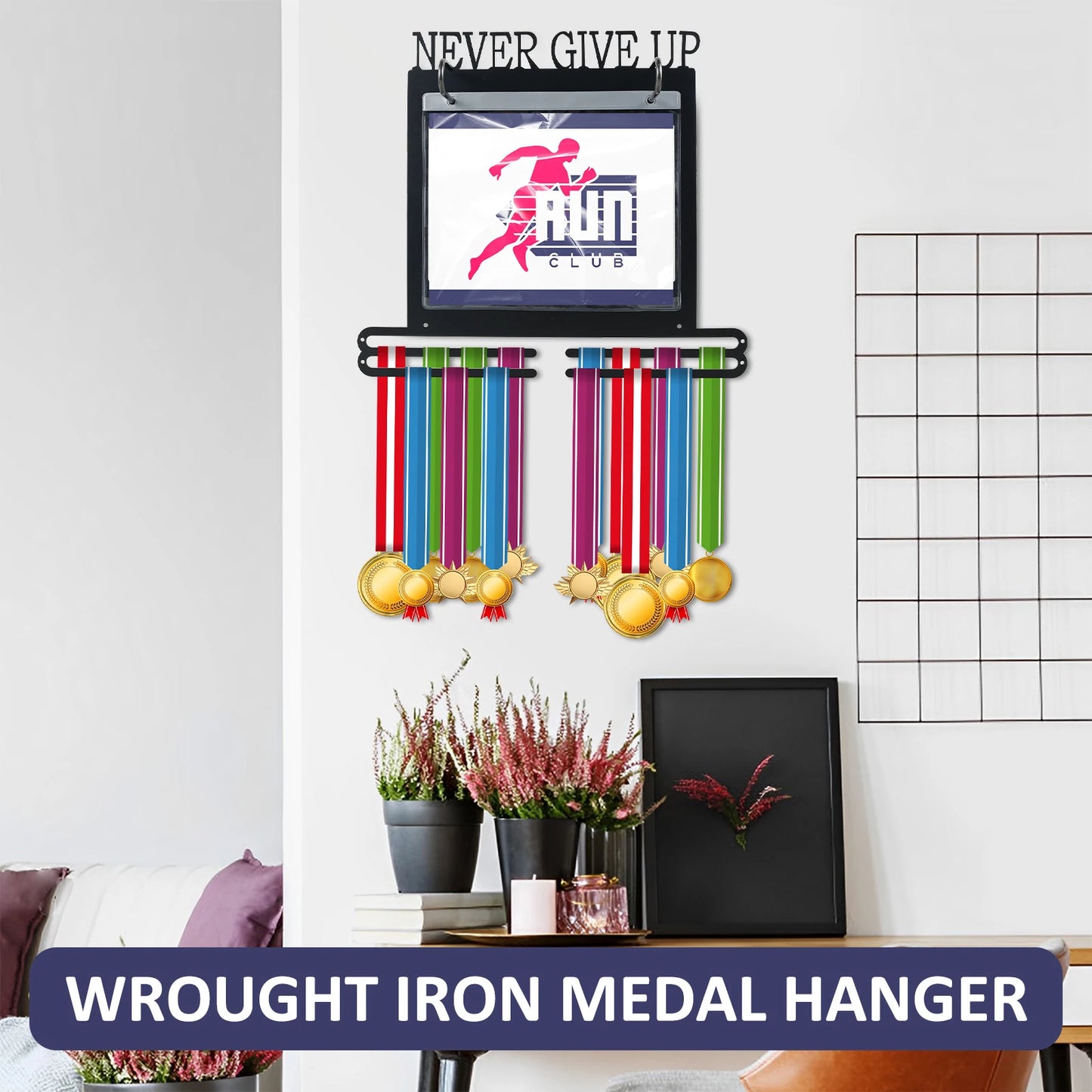 Medal Hanger Display Wall Mounted Medals Display Hanger with Number Bags and Hooks for Marathon Gymnastics Swim Race Decoration