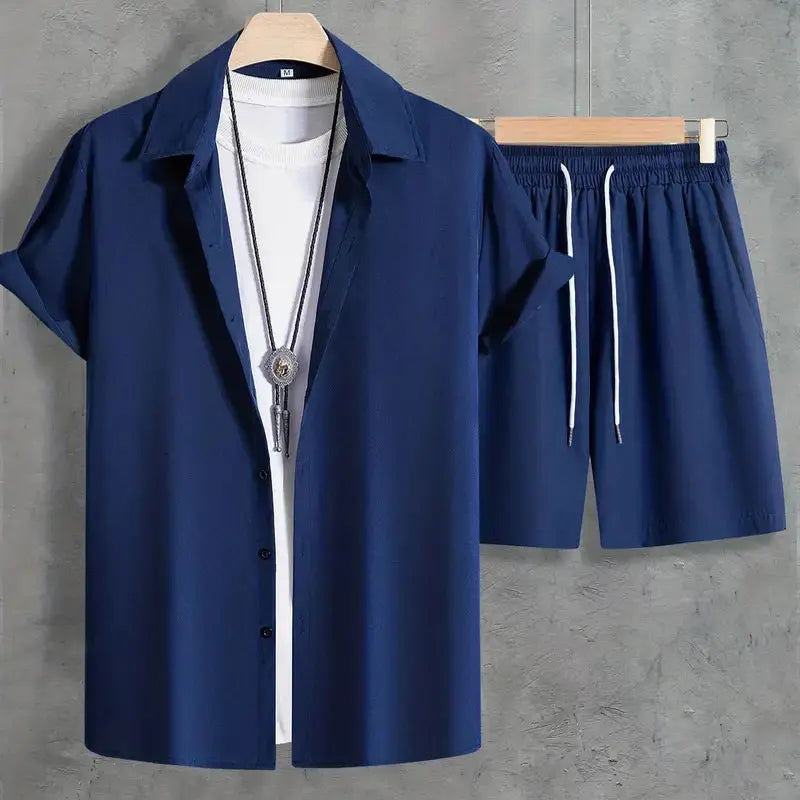 Fashion Summer Men's Short Sleeve Shorts Set Men's Solid Colour Button Down Shirt Drawstring Short Two Piece Hawaii Beach Suit