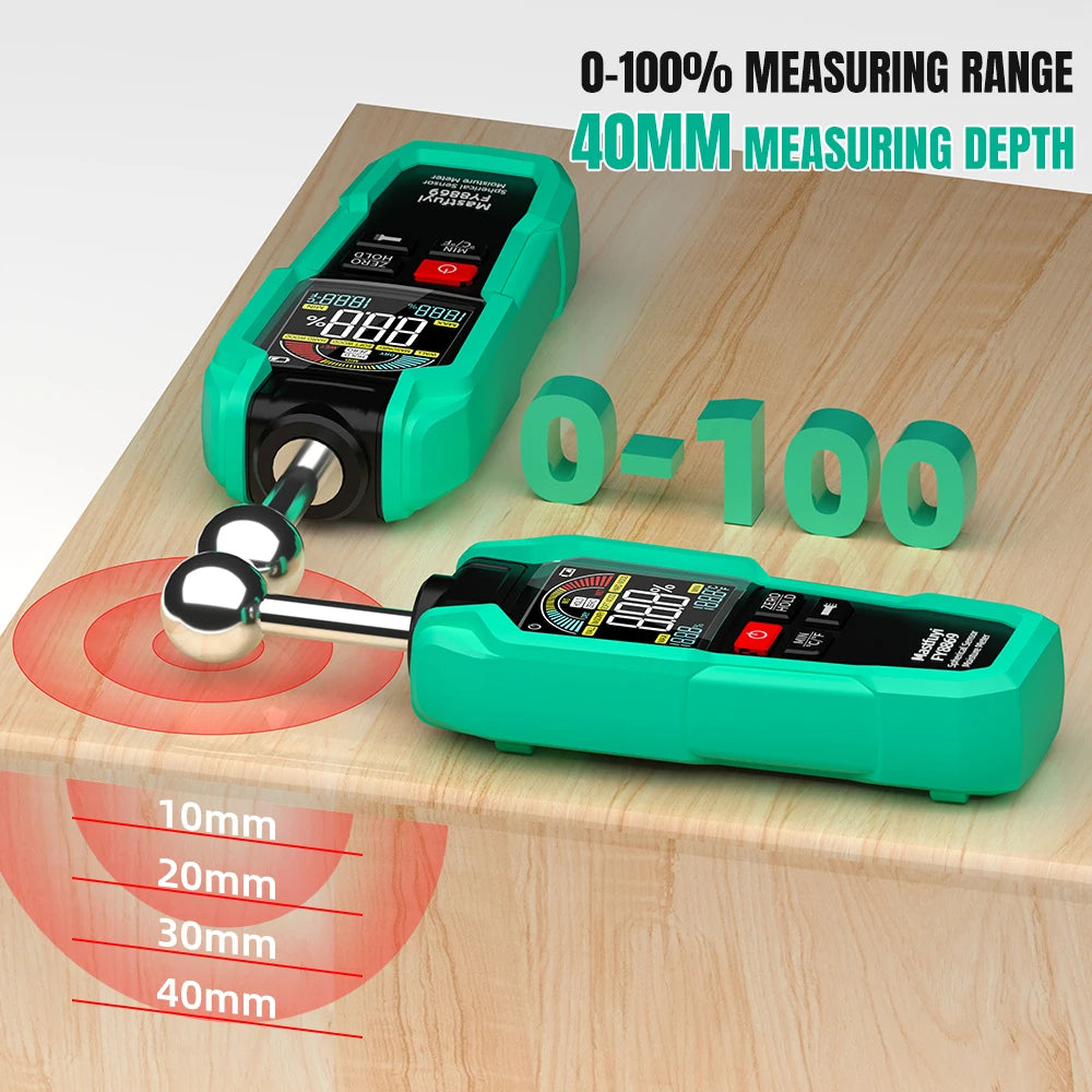 MASTFUYI Professional Moisture Meter, 40mm Non-Destructive Depth with Spherical Sensor & TFT Display for Wood Concrete Brick
