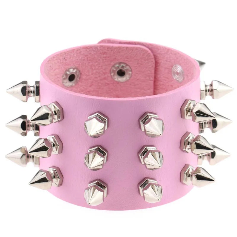 Pink Color Female Wide Leather Bracelets Punk Braided Bracelet for Men Women Wristband Charm Bracelets Male Gothic Jewelry