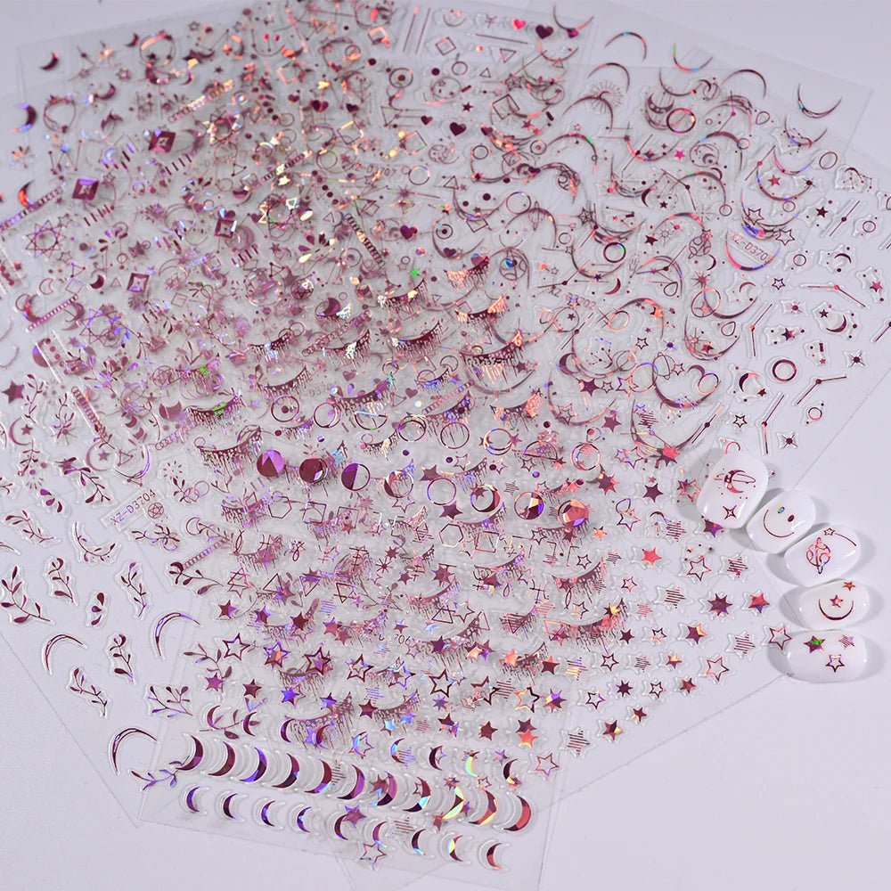 12Pcs Gold/Silver Tasse/Line/Star/Moon 3D Nail Art Stickers Leaf/Geometric Design Self-adhesive Sliders Luxury Manicure Decals