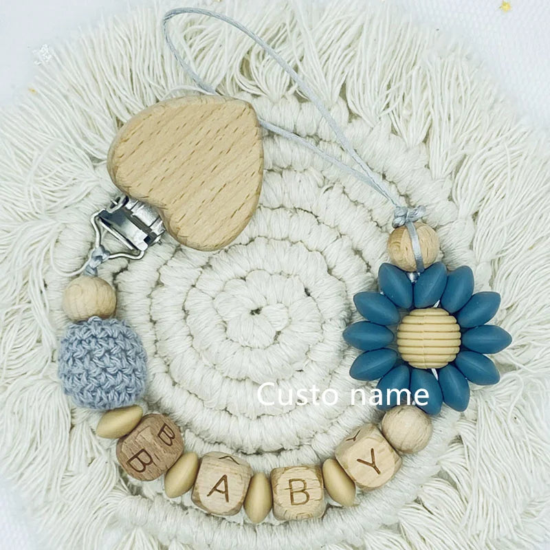 Custom Name Silicone Beads Wooden Ring Pacifier Clips Safe Teething Chains Baby Teether Eco-friendly Dummy Beech Clips Holder