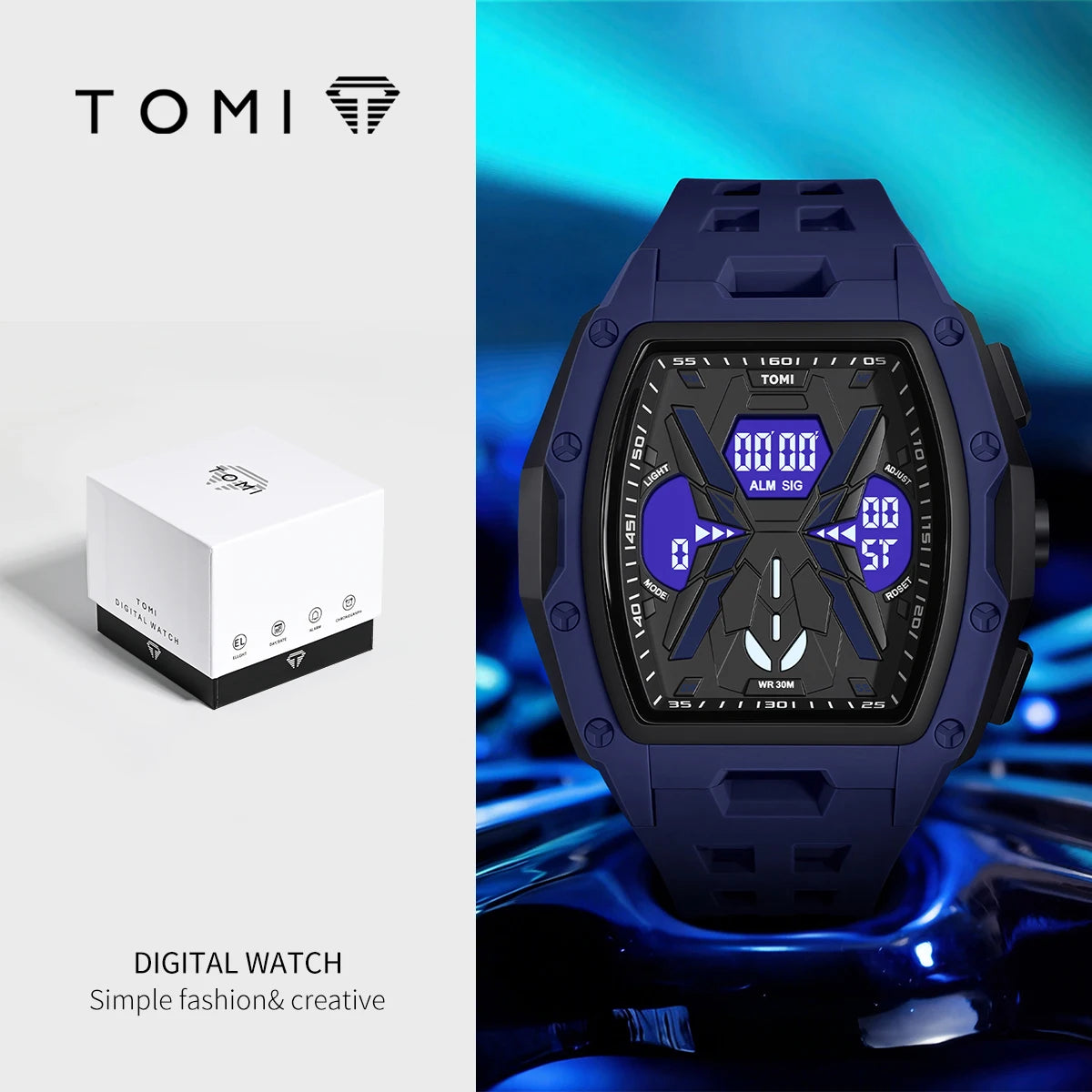 TOMI  Sports Men Mecha Dual Display Watch, Analog Digital Dual Dial, Backlight Alarm Stopwatch, Hollow Breathable Silicone Strap