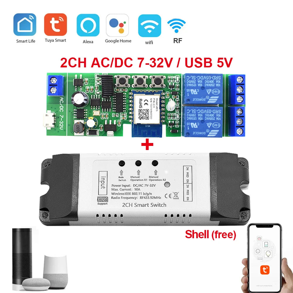 Tuya Smart 4 Channel WiFi RF Momentary Inching Relay Self-Lock Switch Module,DIY WiFi Garage Door Controller, Alexa Google Home