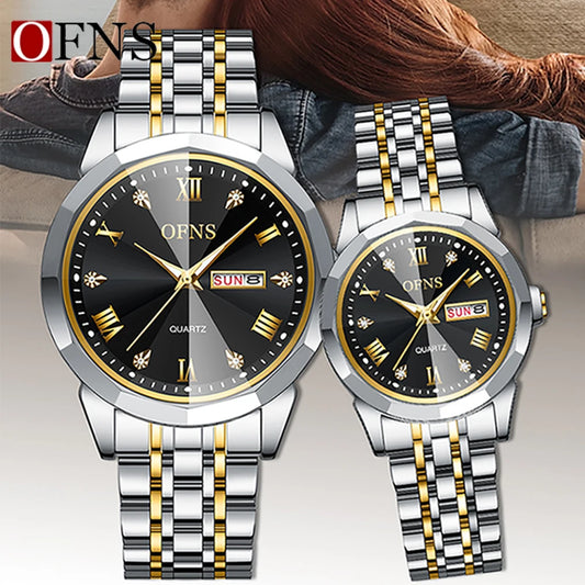 OFNS Top Brand Luxury Couple Watches Waterproof Luminous Stainless Steel Ladies Quartz Watch Men Women Fashion Lovers Watch