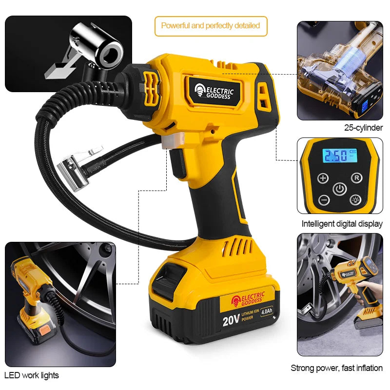 830kpa Cordless Yellow Air Pump Car Tire Air Pump Digital Display Equipped With Led Light For Dewalt 20v Battery
