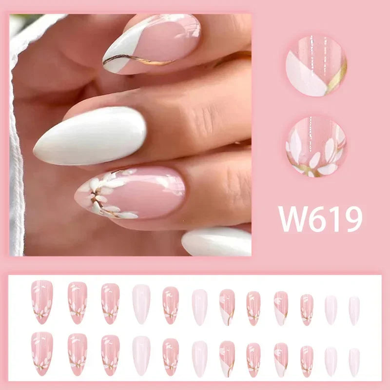 Black Ink Style Fake Nail with Jelly sticker Press on False Nails Wearable Round Head Oval Full Cover Nail Tips