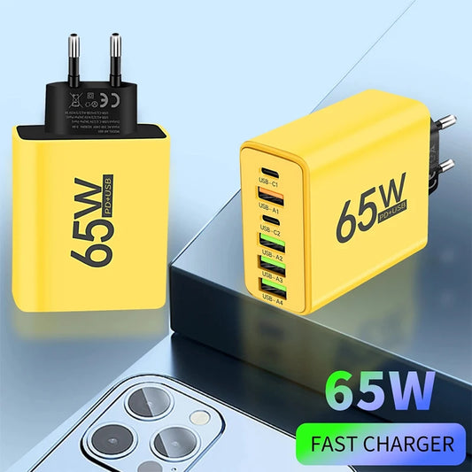 65W Fast Charging USB Type C Charger 6 Port EU US PD 3.0 Quick Charge Wall For Phone Adapter For iPhone 15 Xiaomi Huawei Samsung