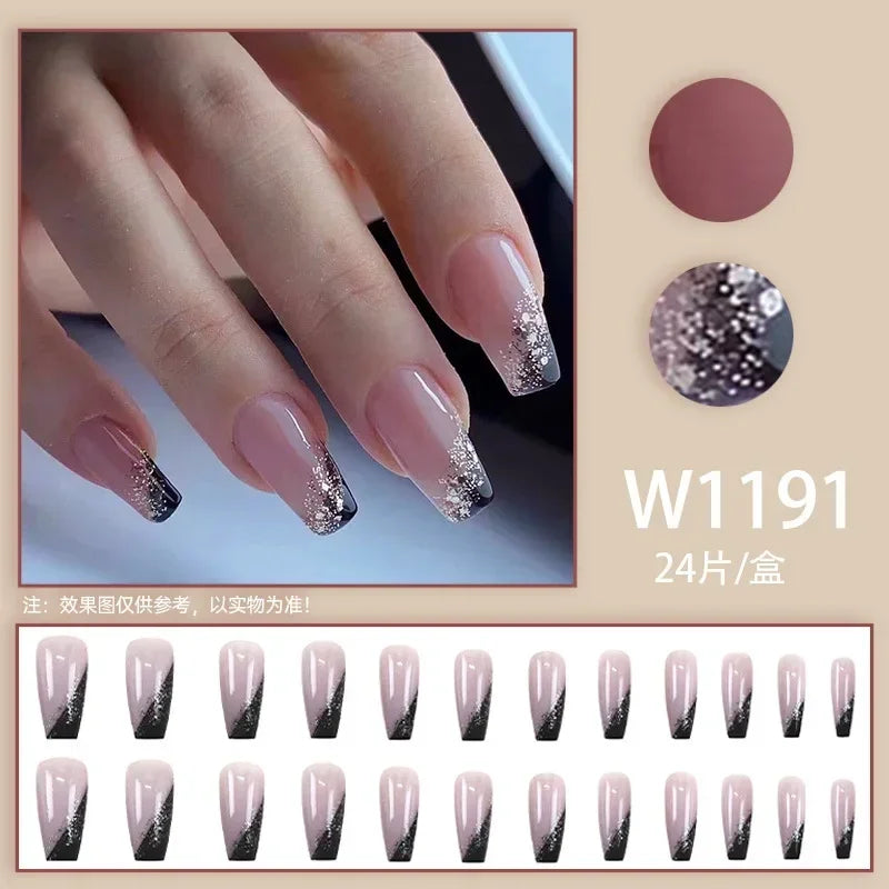 Black Ink Style Fake Nail with Jelly sticker Press on False Nails Wearable Round Head Oval Full Cover Nail Tips