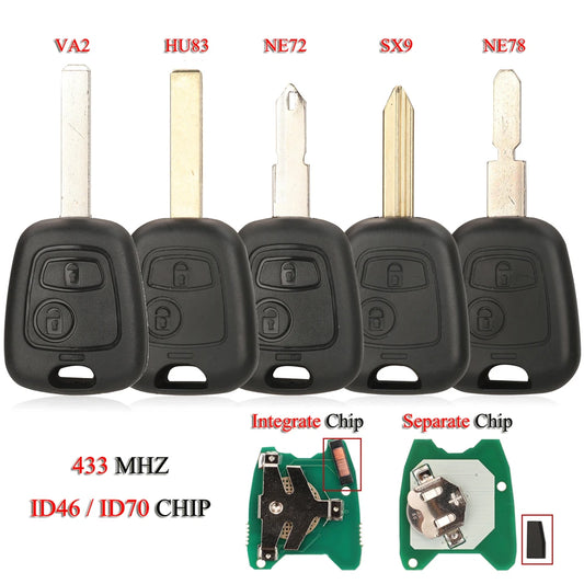 jingyuqin Remote Car Key For Citroen C1 C2 C3 C4 For Peugeot 106 206 306 307 107 For Toyota Aygo 2Buttons 433Mhz 4D70/ ID46 Chip