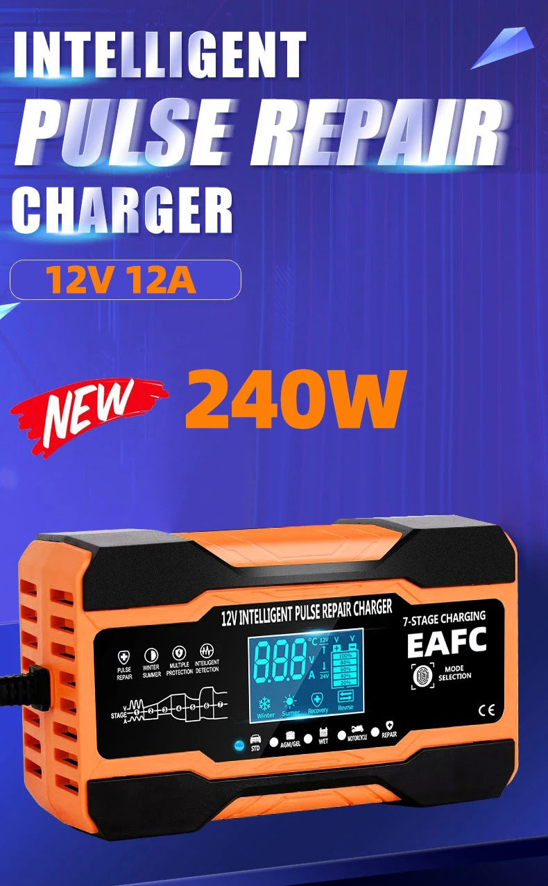 12V 24V 12A 10A Battery Charger Smart Fast Charging for Car Batteries 7-Stage Charge Pulse Repair for AGM GEL WET Lead Acid