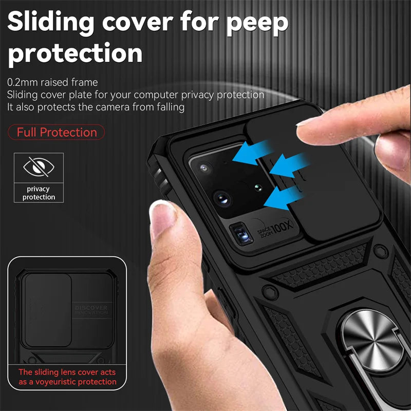 Silde Lens Armor Shockproof Phone Case For Samsung Galaxy S20 Ultra S20 Plus S 20 FE S20+ Magnetic Car Holder Ring Protect Cover