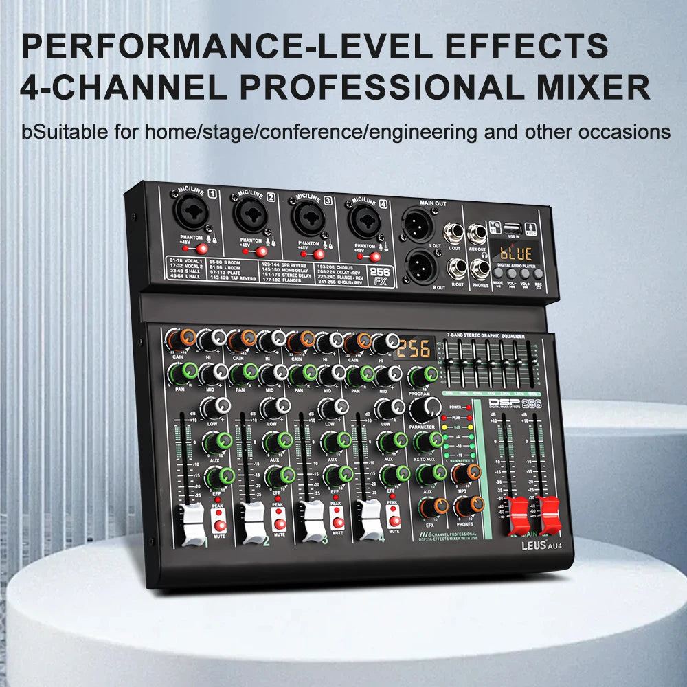LEUS AU4 Channel 256 DSP Effect Audio Mixer Record PC 48V Phantom Power USB Sound Mixers Bluetooth DJ Console Mixing for Karaok