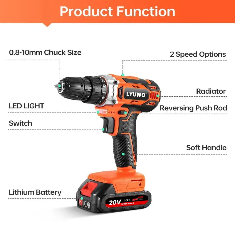 20V Cordless Drill 40N.m 25 Plus 1 LYUWO Electric Screwdriver Keyless Chuck Two Gear Speed Wireless Power Driver Battery Tools