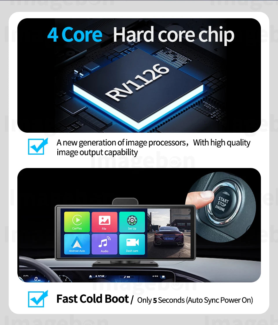 Imagebon 10.26" Wireless CarPlay & Android Auto Dash Cam ADAS 4K DVR Bluetooth Audio AUX GPS Navigation Dashboard Video Recorder