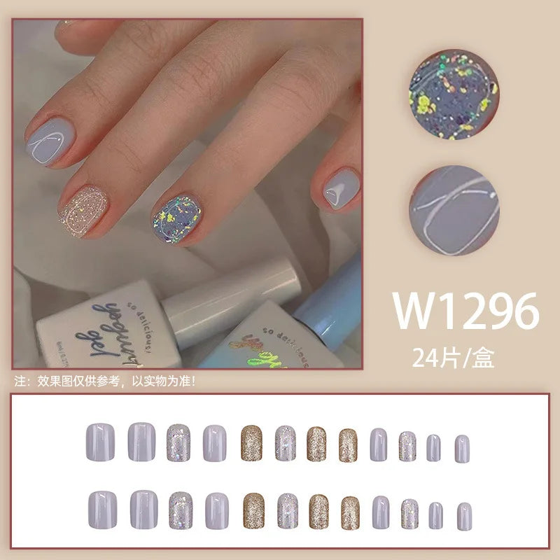 Mandarin Duck 24 Pcs Press on Nails Pink Gradient Fake Nails Glossy Artificial Finger Manicure Reusable False Nails