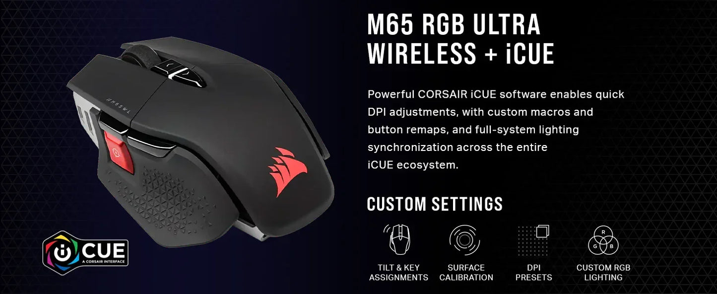 Corsair M65 RGB Ultra Gaming Mouse All New M65 Series Black/White26,000 DPI Optical Sensor, Optical Switches, AXON Hyper-  Mouse