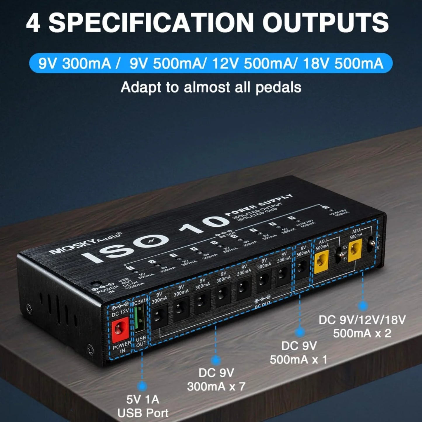 MOSKY ISO-10 Guitar Effect Pedal Power Supply 10 Isolated DC Outputs/ 5V USB Output for 9V 12V 18V Protection Guitar Accessories