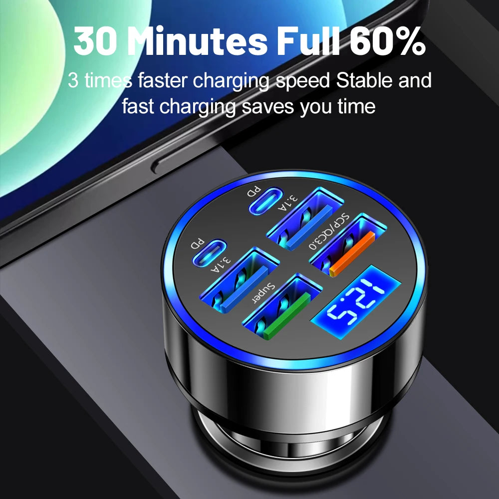 6 Ports Car Charger 100W Fast Charging PD QC3.0 USB C Car Phone Charger Type C Adapter in Car For iPhone Samsung Huawei Xiaomi