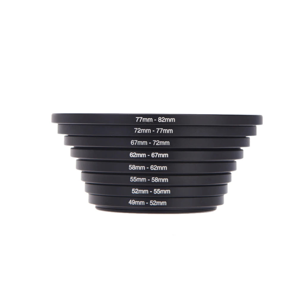 8pcs Filter Step Up Rings Adapter 49-52-55-58-62-67-72-77-82mm 49mm-82mm Step-up Ring Anodized Aluminum Material as Lens Hood
