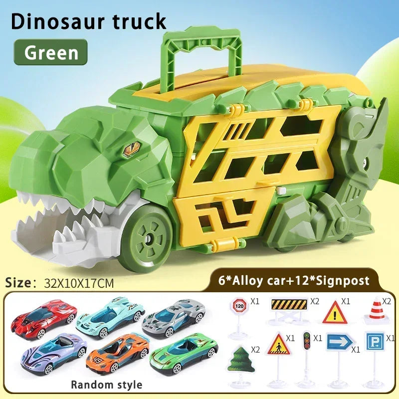 Transport Dinosaur Truck with Foldable Sliding Race Track Transforms into Standing T-rex Best DIY Birthday Gifts Toys Boys Girls