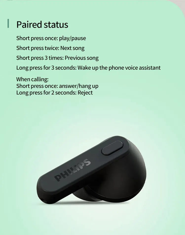 PHILIPS TAT2206 TWS Wireless Bluetooth Earphones Waterproof IPX4 SBC Sports Headset 500mAh Low Latency Gaming Headphone with Mic