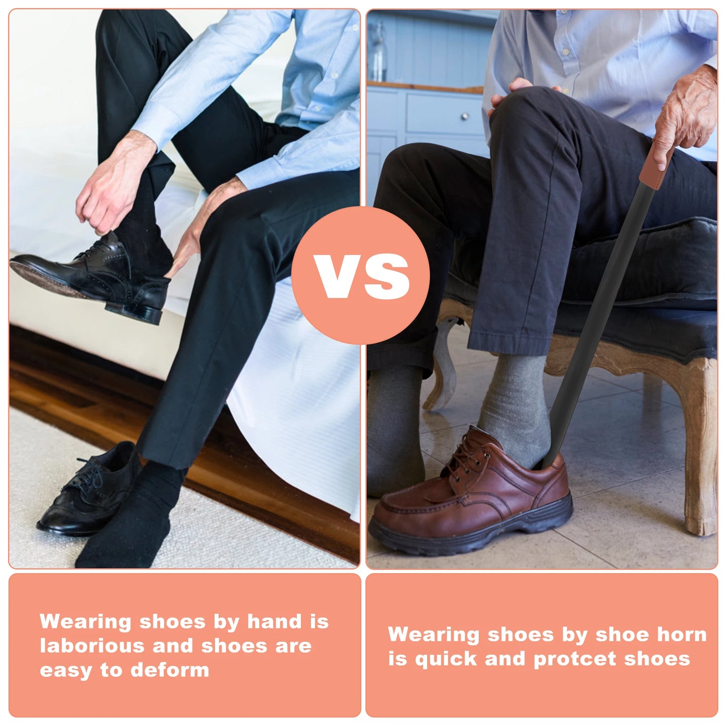 Metal Shoe Horn Lifter Long Handled Shoe Horn with Leather Strap Stainless Steel Shoehorn Spoon Shape Long Shoe Horn for Boots