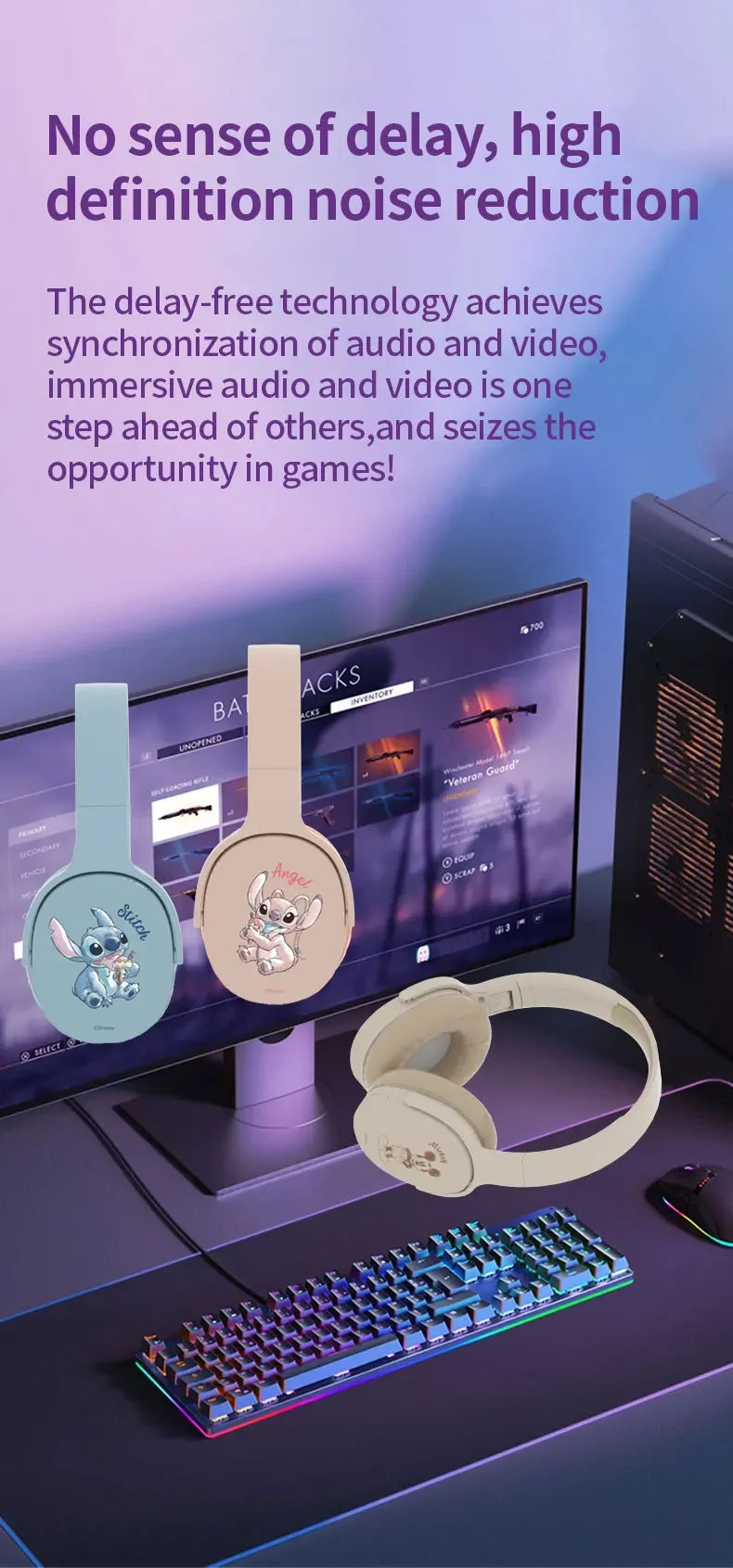 Disney P2961 Stitch Bluetooth Headphones Hifi Stereo Over-ear Headset Gamer Sports Wireless Earphones TF/AUX Music Player