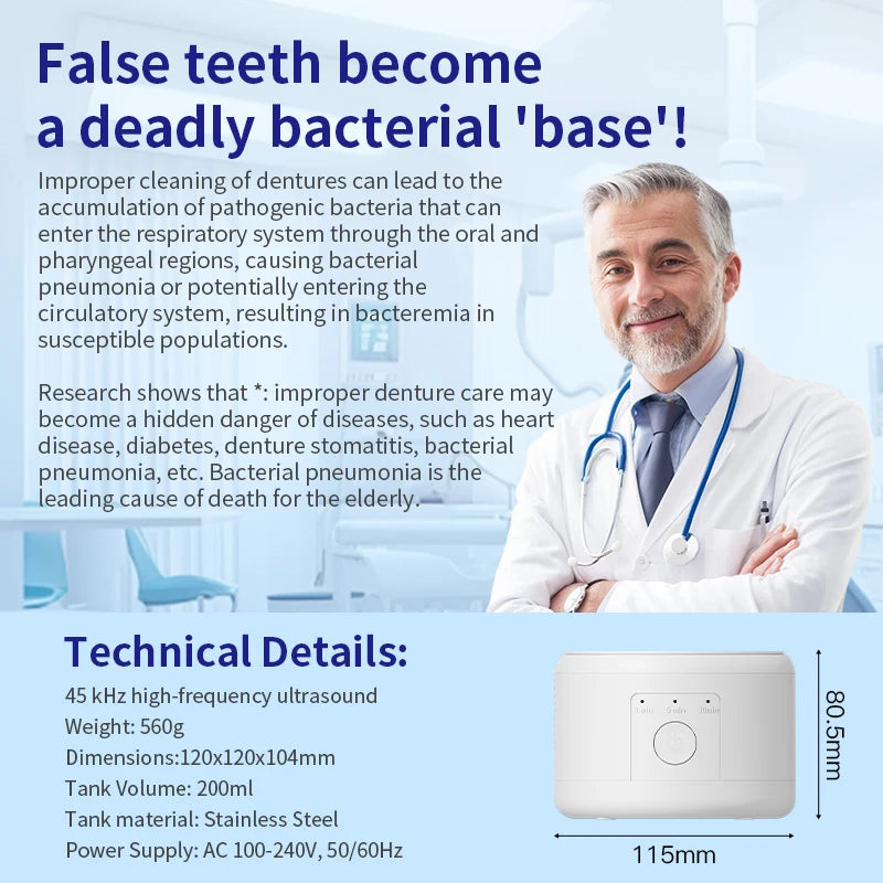 Ultrasonic Cleaner Machine, USB rechargeable for Dentures Retainer Mouth Guard Aligner Whitening Trays Personal Oral Supplies