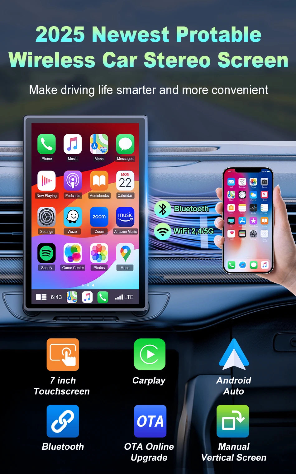 7 inch Portable Multimedia Player Carplay AI Screen IPS Touch Screen GPS Navigation Bluetooth Support Horizontal/Vertical Screen