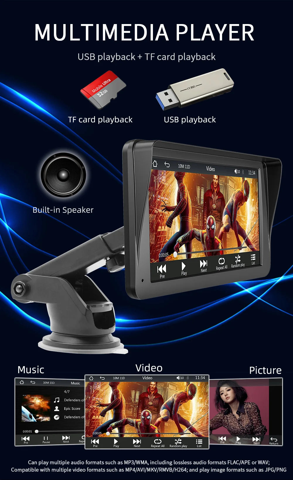 BQCC 7inch Car Radio Multimedia Video Player Wireless Carplay And Wireless Android Auto Touch Screen Sun Visor 5300