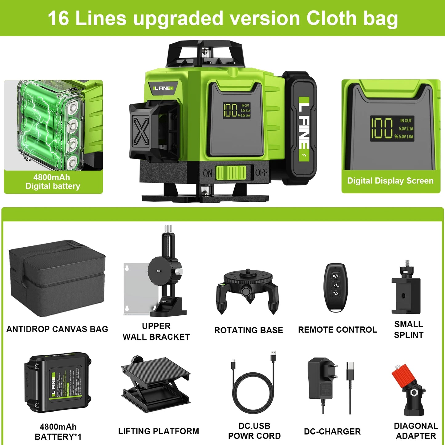 LFINE 3D/4D Laser Level 12/16 Lines Horizontal And Vertical With Remote Control 8 Lines 360°Self-leveling Laser Levels