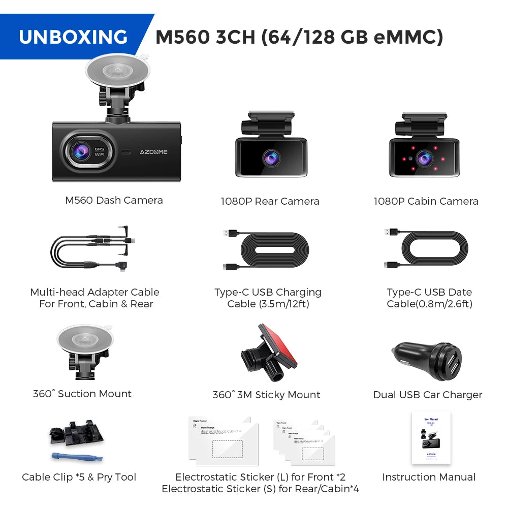 AZDOME M560 Car DVR 4K+1080P+1080P 3 Channel Dash Cam 4" IPS Touch Screen Built-in 128GB eMMC GPS WIFI G-Sensor IR Night Vision