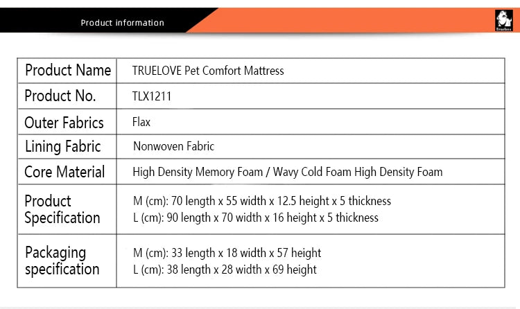TRUELOVE Pet Bed TLX1211Pet Comfort Mattress Hidden Zipper For Easy Removal Linen Comfort Fabric High-density memory foam pillow